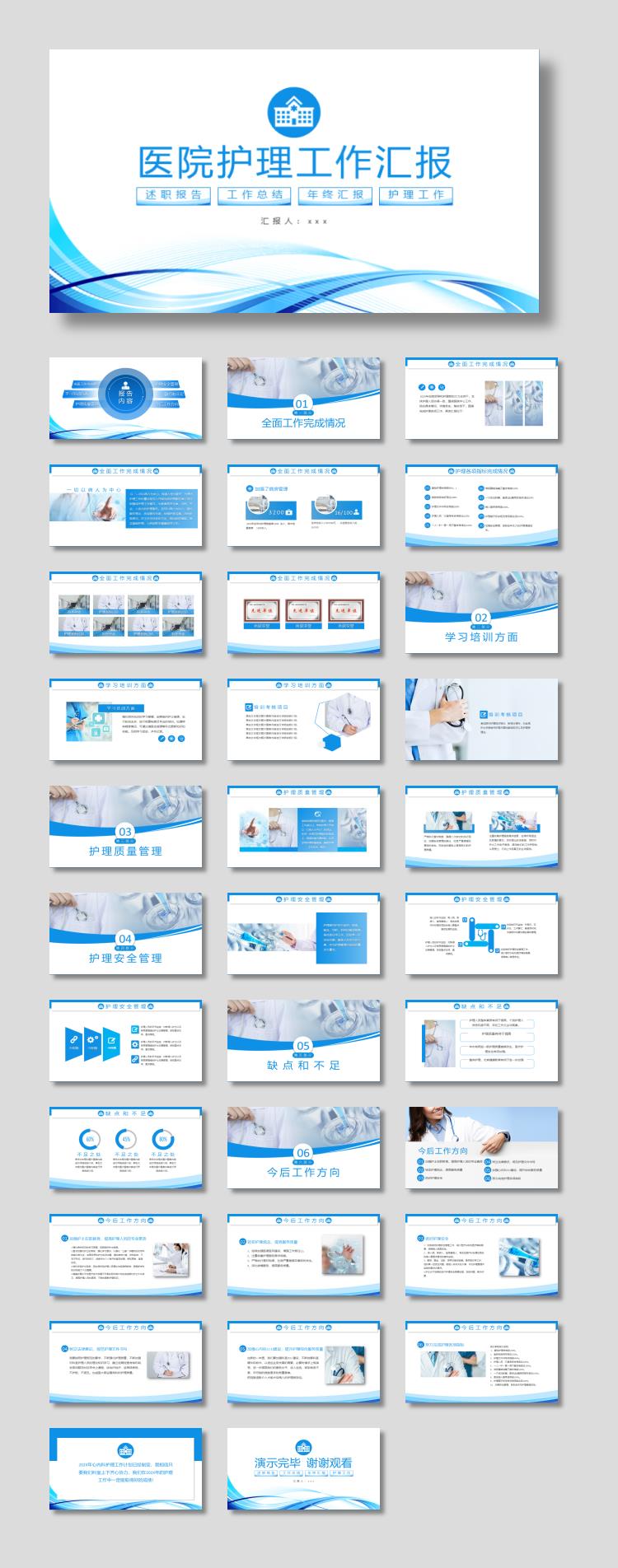 蓝色曲线背景的医院护理工作汇报PPT模板下载