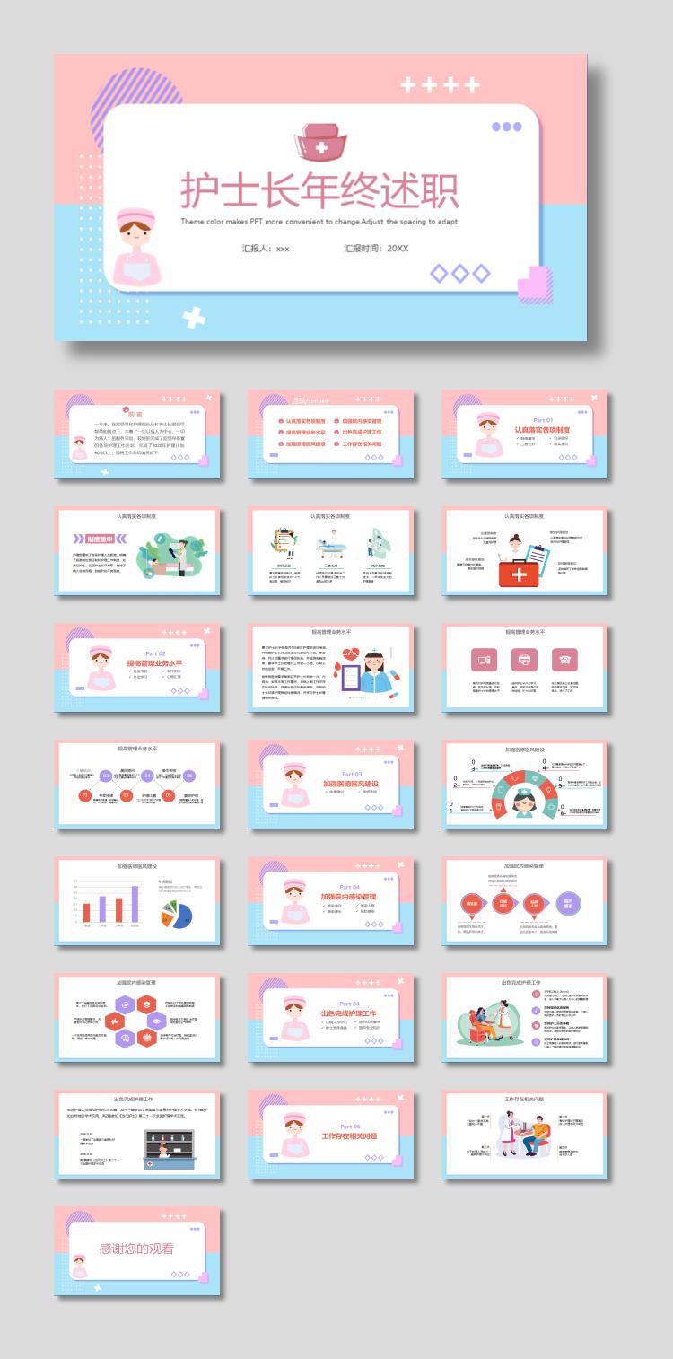 马卡龙配色的医院护士长述职报告PPT模板